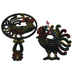 Vintage Wilton Cast Iron Rooster Trivet Wall Decor Hand Painted 5"x6"-8.5" Set